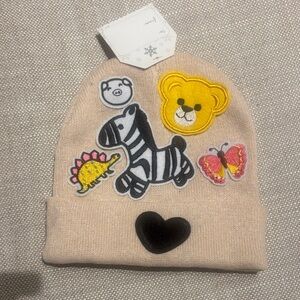 Kids Beige Beanie with Animal Patches